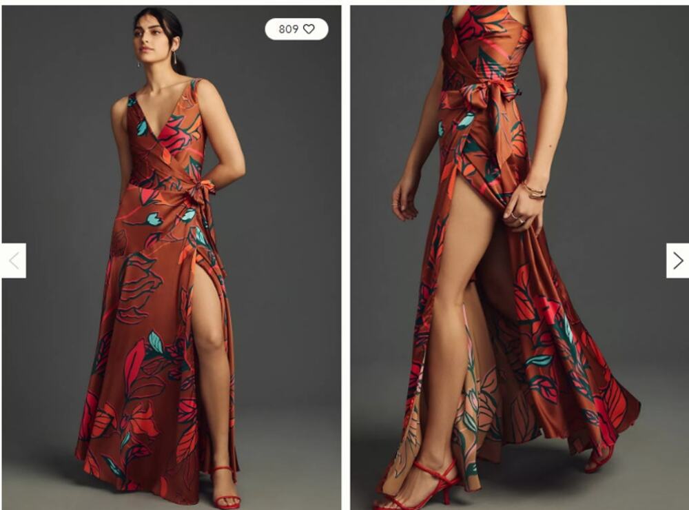 Anthropologie Hutch Mikki Brown Copper Leaf Print Satin Wrap Dress Small